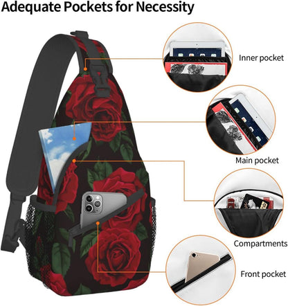 Red Rose Flower Sling Bag for Men Women Crossbody Chest Backpack Lightweight Daypack Fashion Shoulder Bags for Travel Hiking Biking Climbing Runner