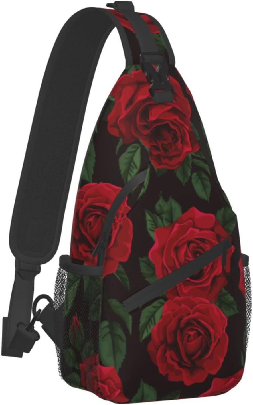 Red Rose Flower Sling Bag for Men Women Crossbody Chest Backpack Lightweight Daypack Fashion Shoulder Bags for Travel Hiking Biking Climbing Runner